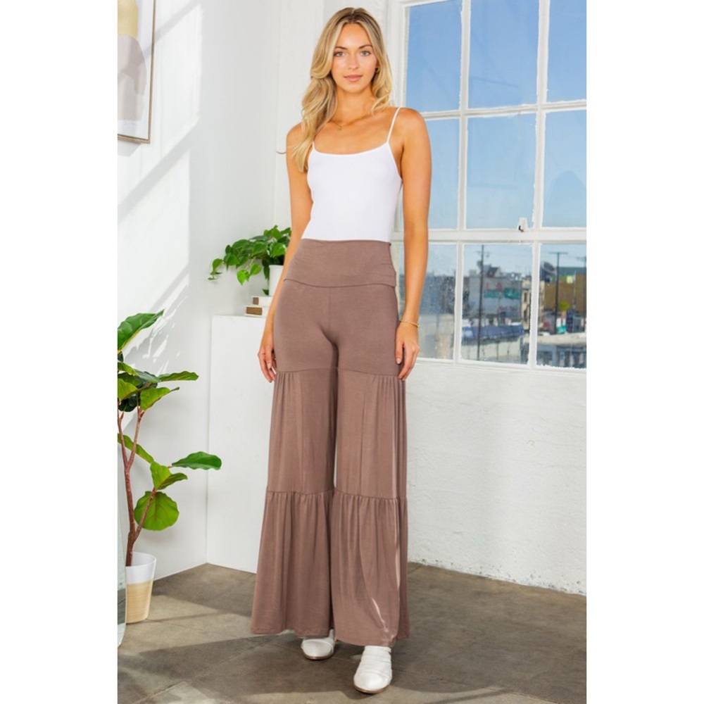 LAST PAIR! High Waist Tiered Ruffle Wide Leg Pants in Mocha- Rayon Spandex - Picture 2 of 5